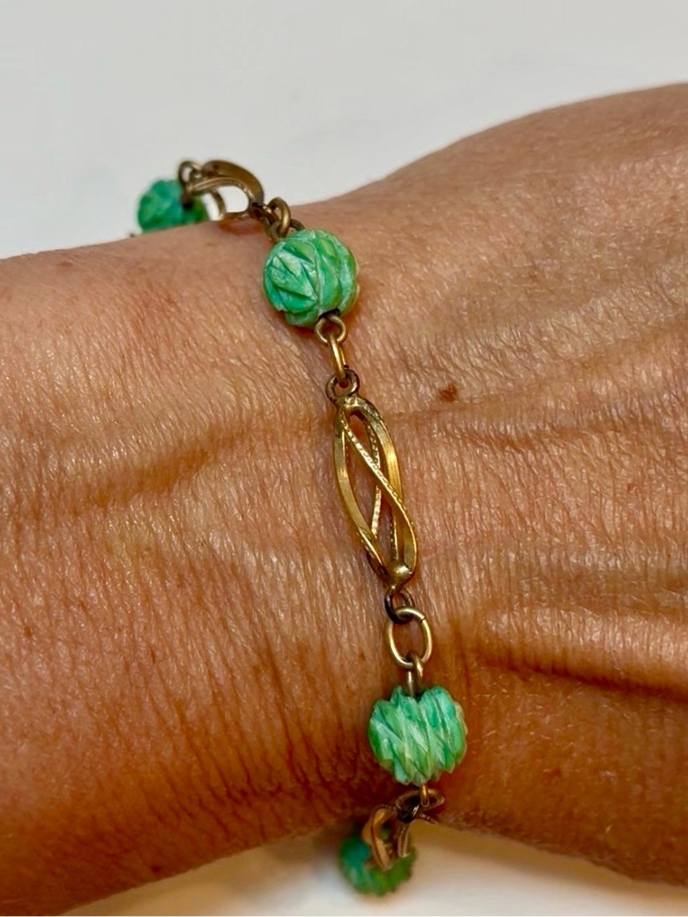 Vintage Gold Filled Faux Green Cinnabar Bracelet